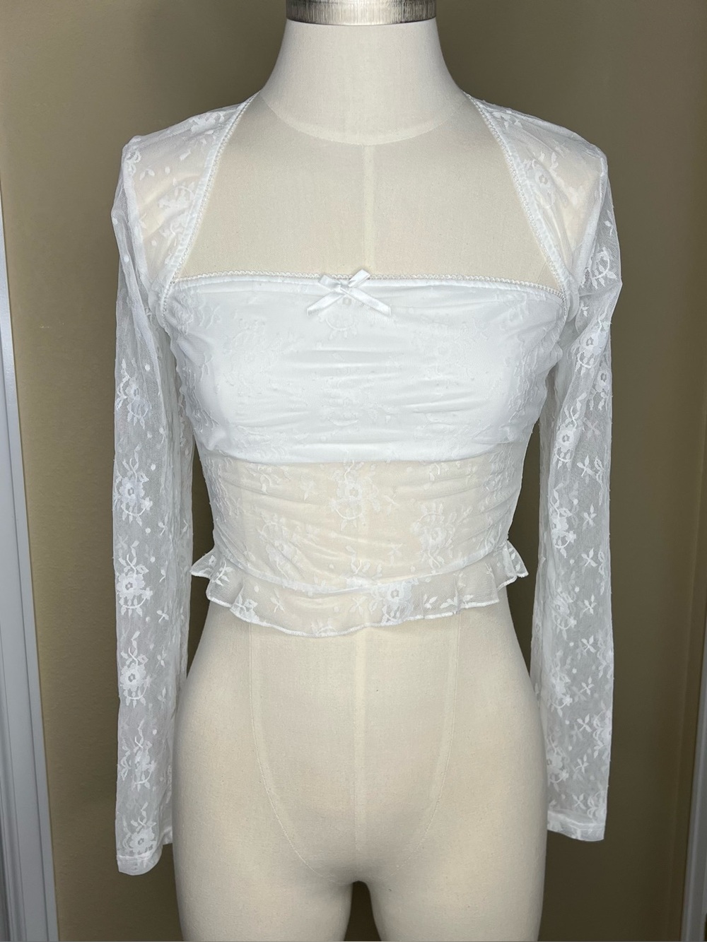 Women's White Lace Mesh Long Sleeve Crop Top Two Piece